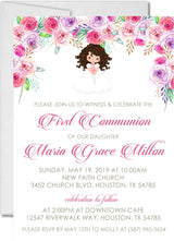 Pink and purple floral First Communion invitation with girl character and elegant script text