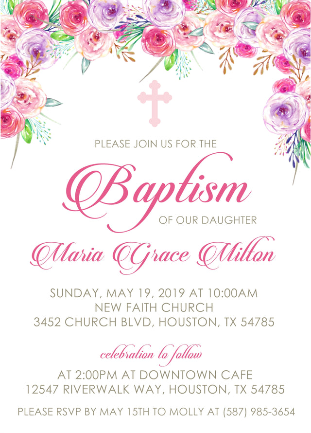 Pink and purple floral baptism invitation with watercolor flowers and elegant script