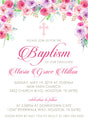 Pink and purple floral baptism invitation with watercolor flowers and elegant script