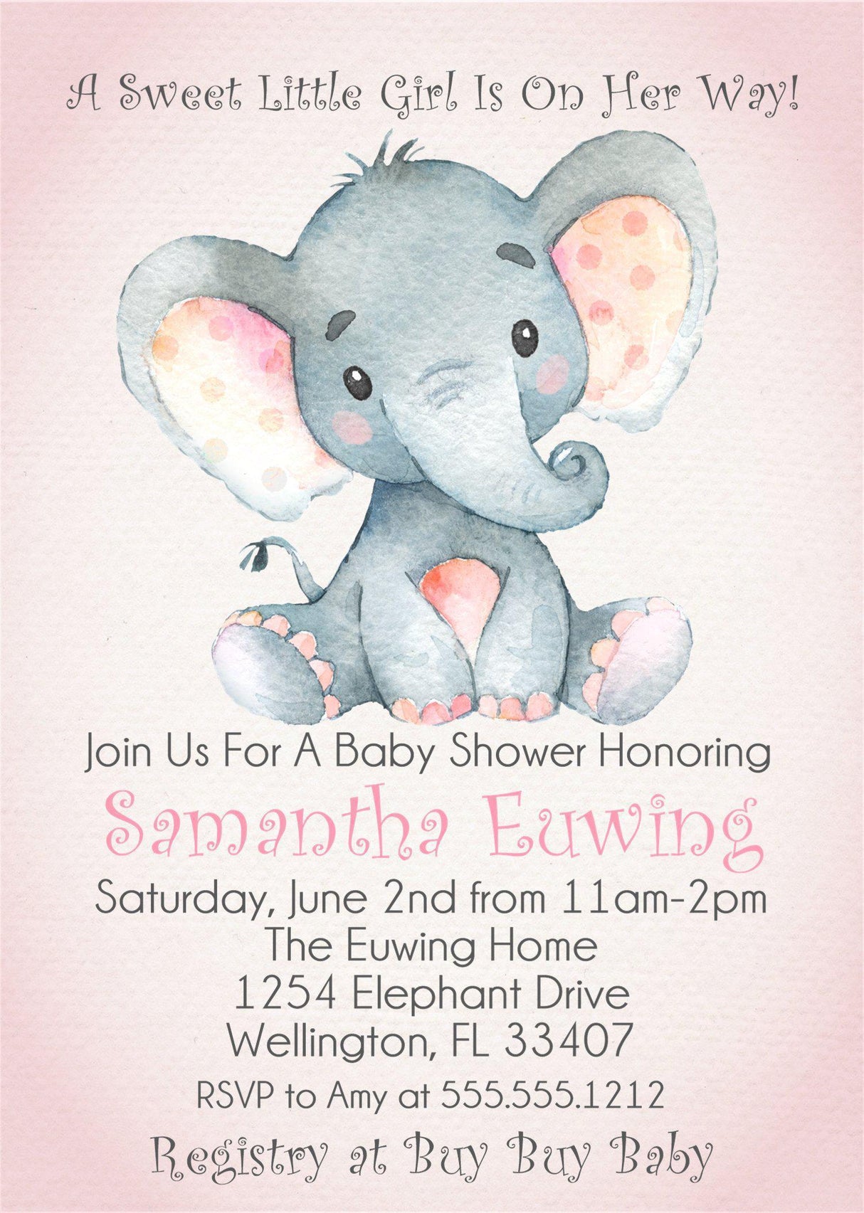 Pink baby elephant baby shower invitations for girls