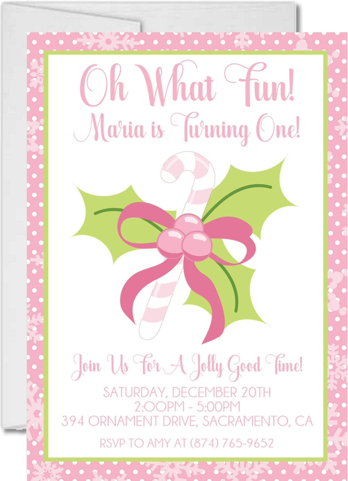 Pink candy cane 1st birthday invitations festive holiday design