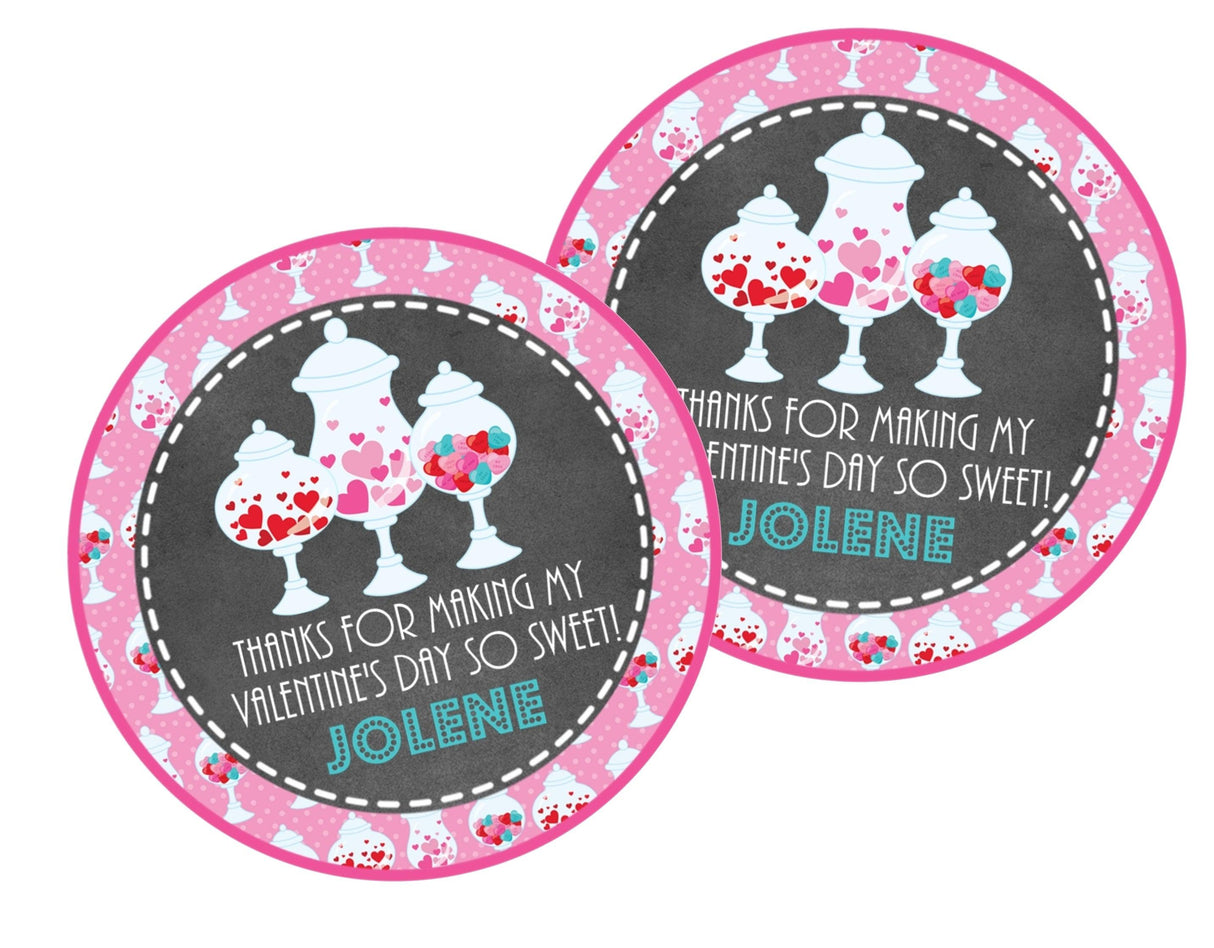 Pink candy jar Valentine sticker customized with child’s name