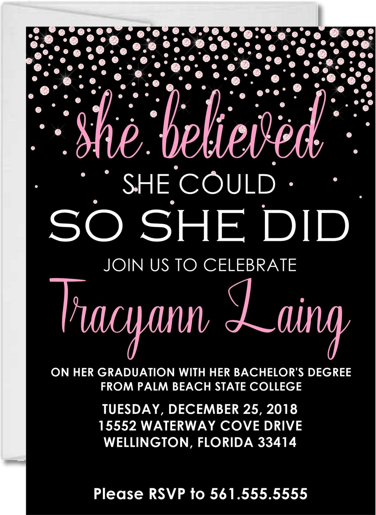 Pink confetti graduation party invitation with she believed quote on black background