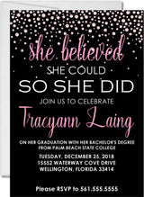 Pink confetti graduation party invitation with she believed quote on black background