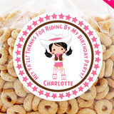 Pink cowgirl birthday sticker with pigtails and personalized name