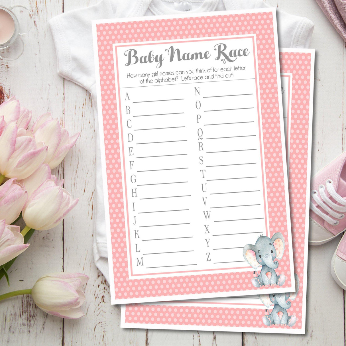 Pink elephant baby shower name race printable