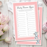 Pink elephant baby shower name race printable