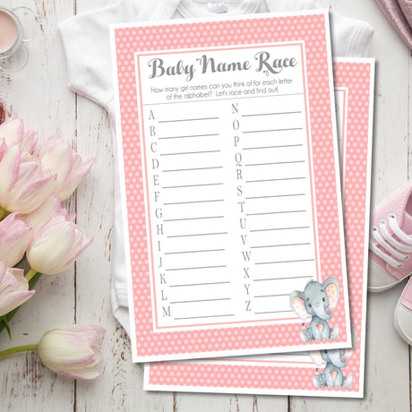 Pink elephant baby shower name race printable