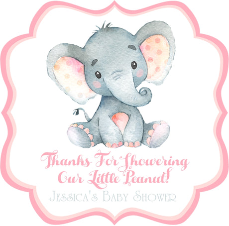Pink elephant baby shower stickers with watercolor elephant design