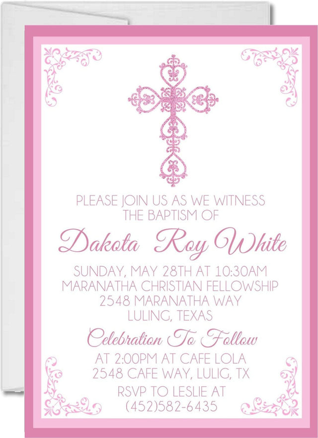 Pink filigree cross christening invitation with framed design