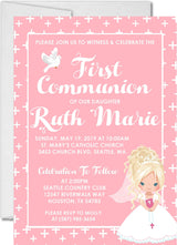 Pink first holy communion invitation for girls