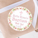 Pink floral Baptism sticker with cross