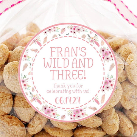 Pink floral Wild and Three birthday sticker