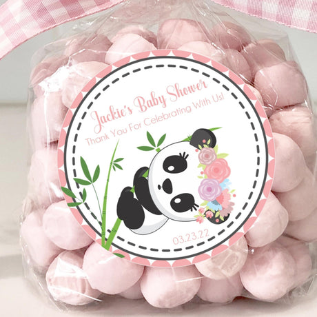 Pink floral panda baby shower sticker with bamboo