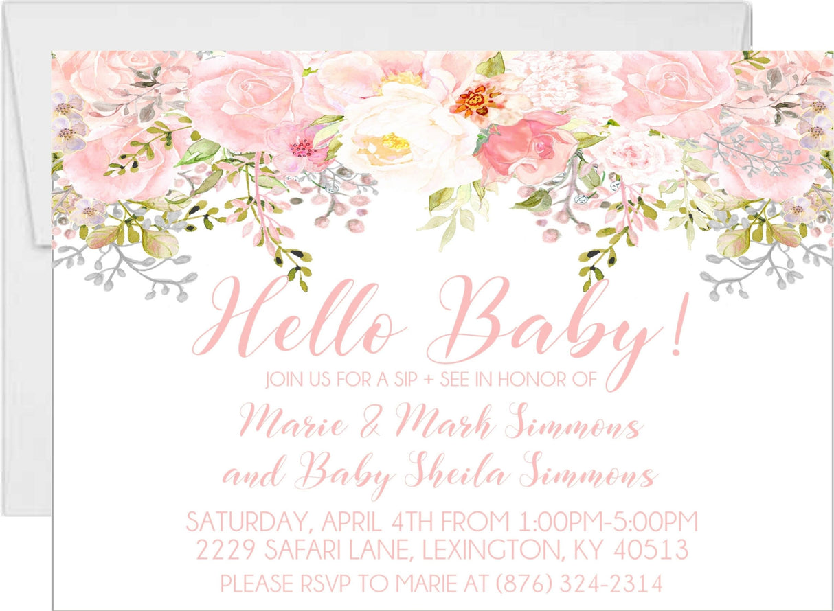 Pink floral sip and see invitation with hello baby design