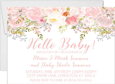 Pink floral sip and see invitation with hello baby design