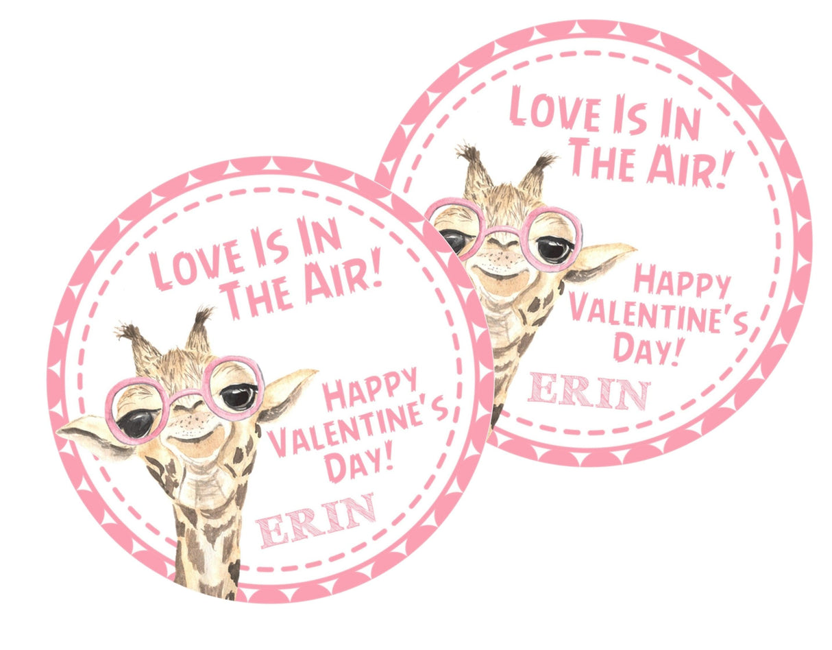 Pink giraffe Valentine labels personalized
