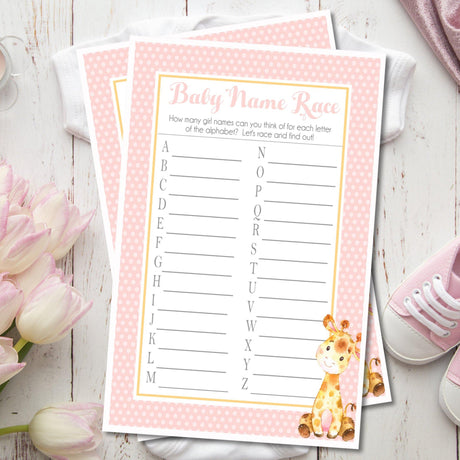 Pink giraffe baby name race printable game