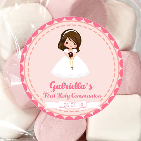 Pink girl First Holy Communion favor stickers