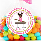 Pink girl gymnastics party favor sticker with gold glitter-style border
