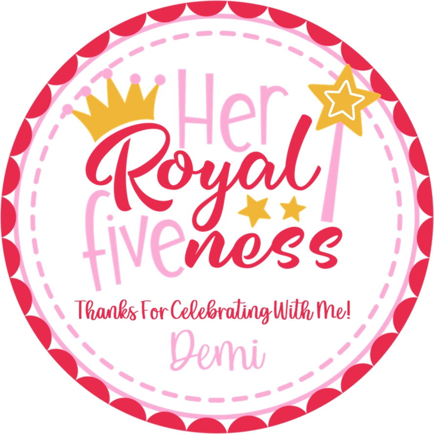 Pink girls royal birthday sticker age five with custom name
