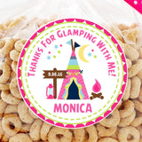 Pink glamping teepee birthday sticker with personalized name