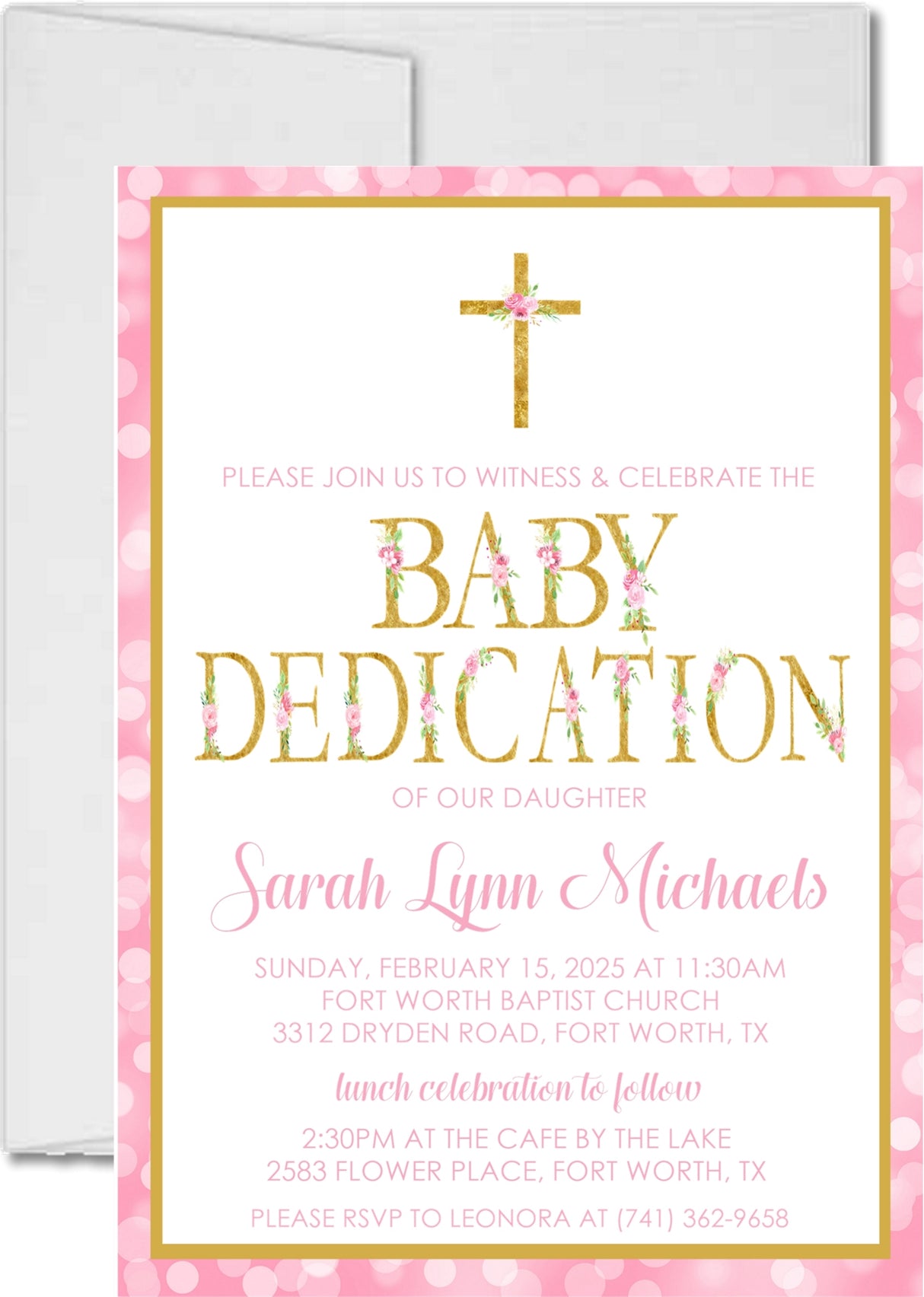 Pink gold baby dedication invitation for girls