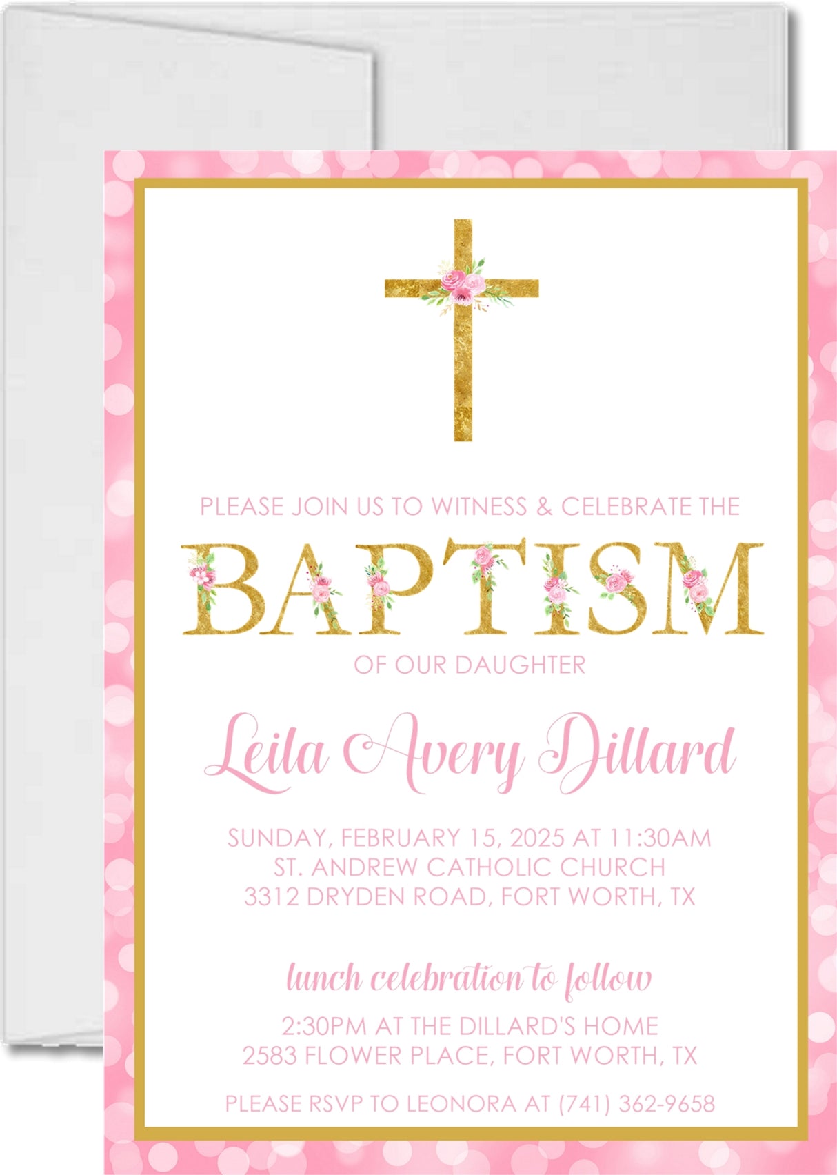 Pink gold baptism invitation for girls with elegant script lettering