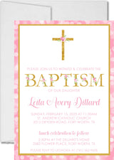 Pink gold baptism invitation for girls with elegant script lettering