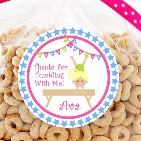 Pink handstand gymnast birthday sticker with stitched border