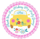 Pink hippie bus birthday sticker with vintage van and colorful floral accents