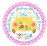 Pink hippie bus birthday sticker with vintage van and colorful floral accents