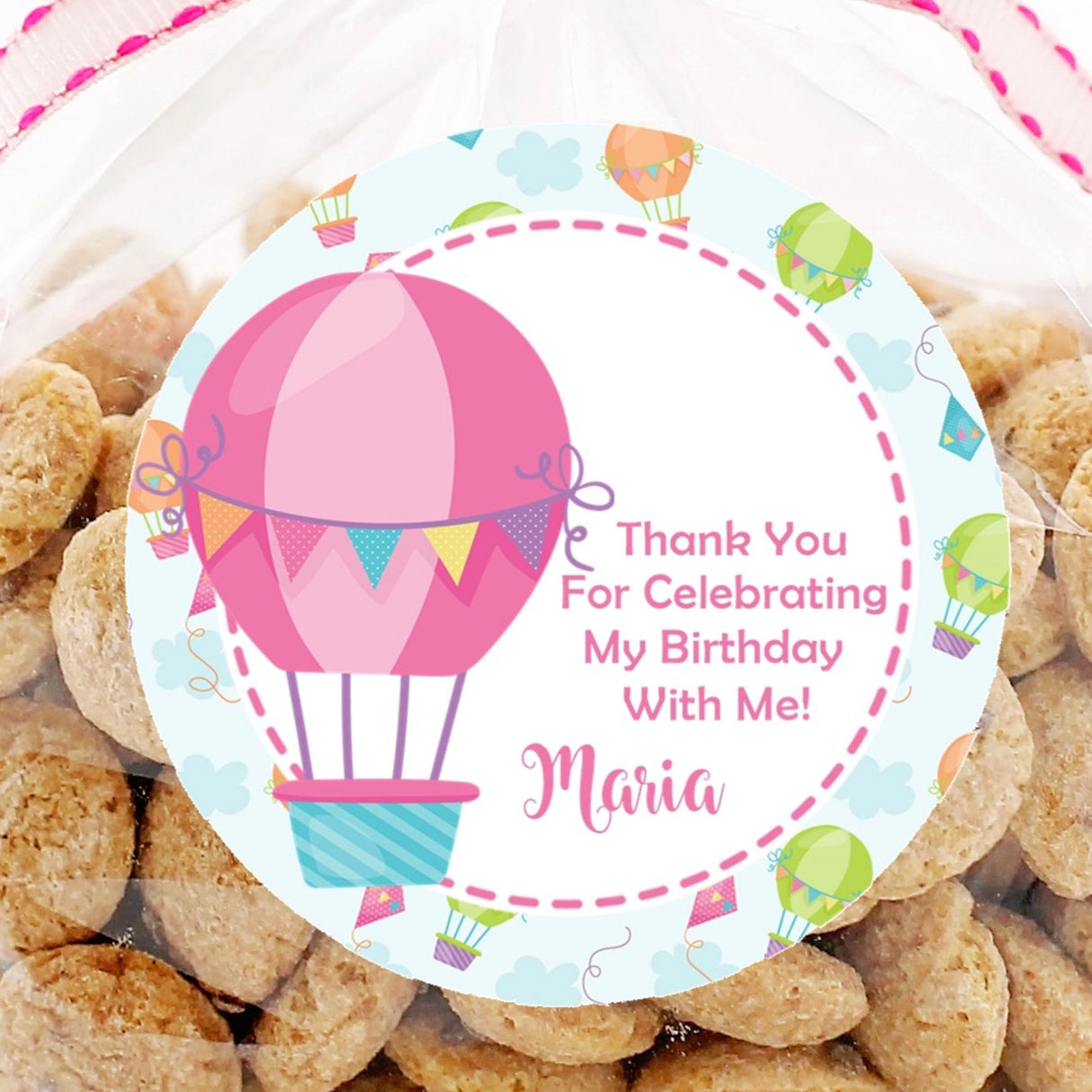 Pink hot air balloon birthday sticker with bunting