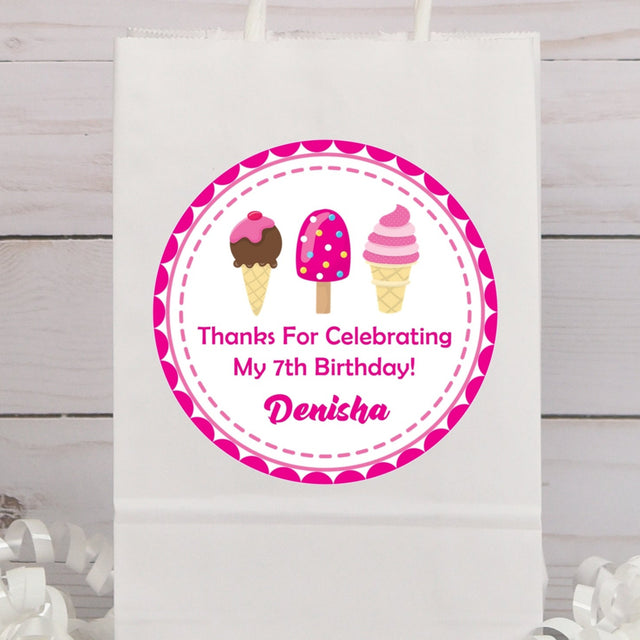Pink ice cream birthday sticker with cone, and swirl ice cream design.