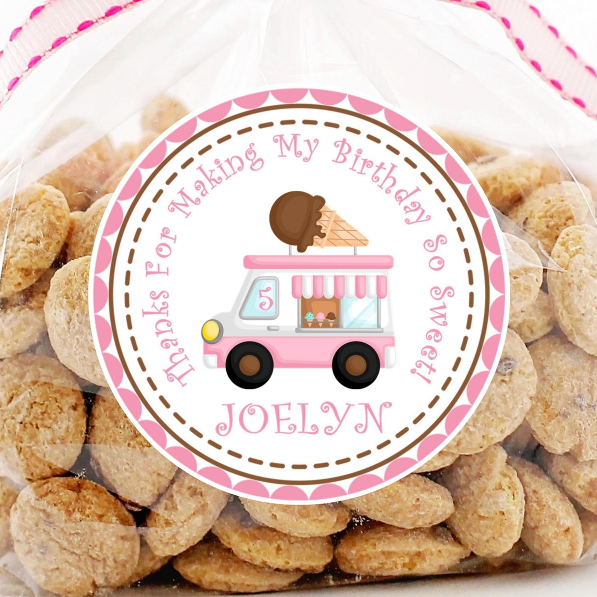 Pink ice cream truck birthday sticker with brown cone