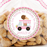 Pink ice cream truck birthday sticker with brown cone