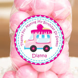 Pink ice cream truck birthday sticker with pink dotted border and cone on top.