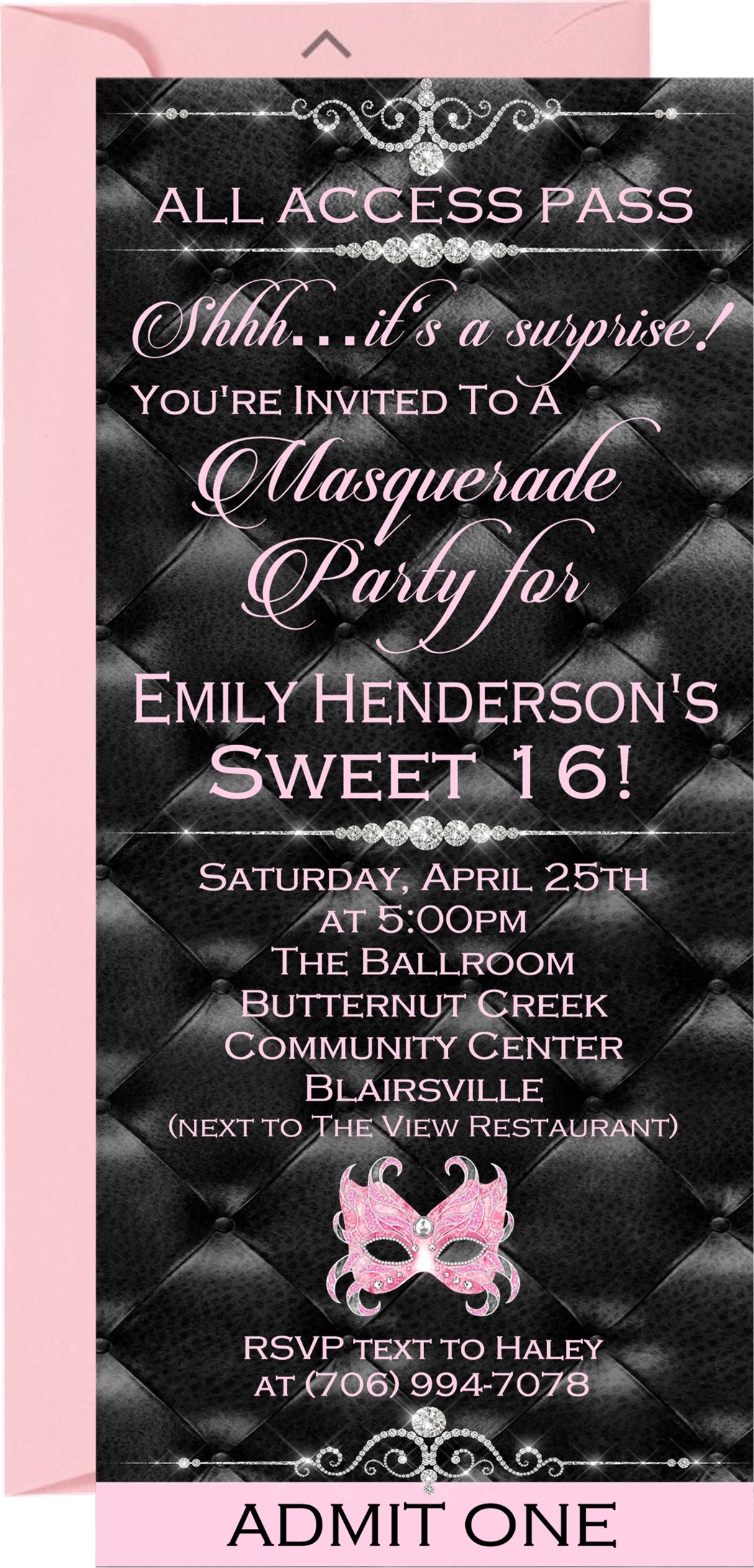 Pink masquerade party ticket invitation with ornate mask and rhinestone accents