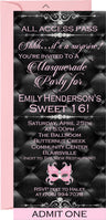 Pink masquerade party ticket invitation with ornate mask and rhinestone accents