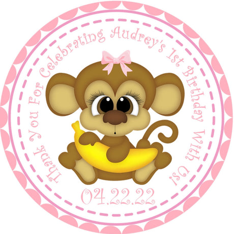 Pink monkey first birthday sticker with bow and personalized name and date