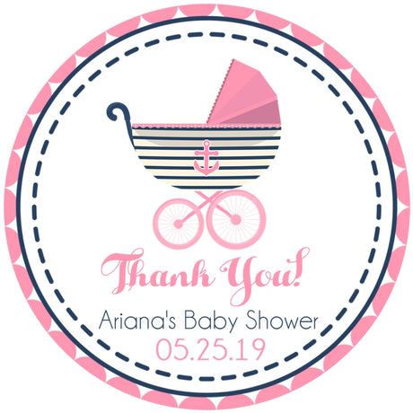 Pink nautical baby shower sticker with baby carriage and anchor