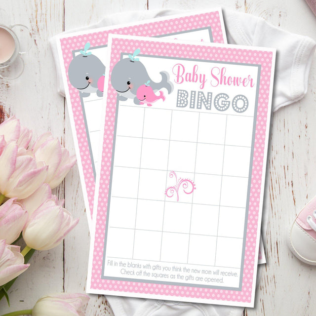 Pink nautical whale baby shower bingo printable