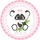 Pink panda birthday sticker with bow and personalized name and date