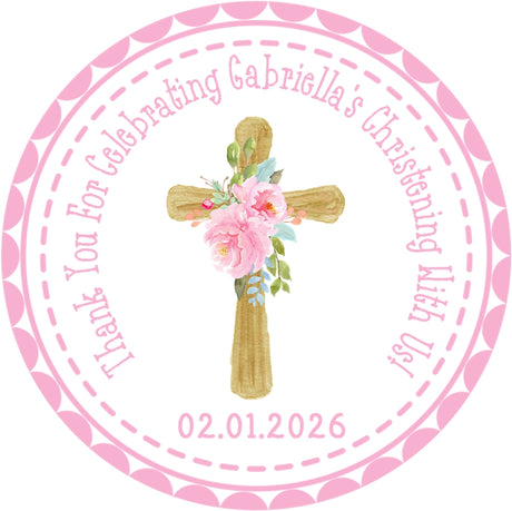 Pink peony christening sticker label