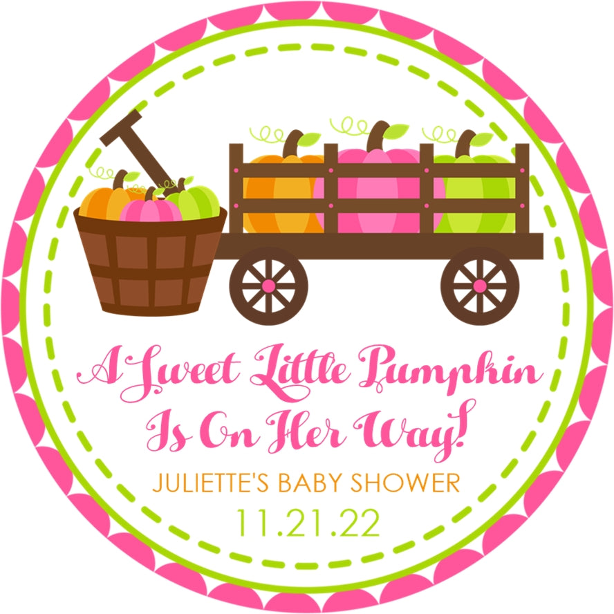 Pink pumpkin wagon baby shower sticker with wagon and basket design