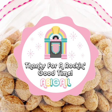 Pink retro jukebox birthday sticker with scalloped edge