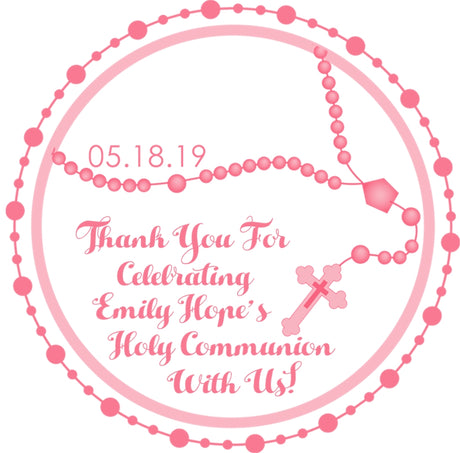 Pink rosary communion sticker favor