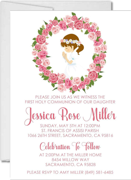 Pink rose first holy communion invitation for girls