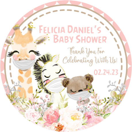Pink safari animal baby shower stickers with floral accents