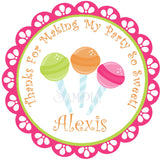 Pink scalloped candy birthday sticker with colorful sweets and personalized name